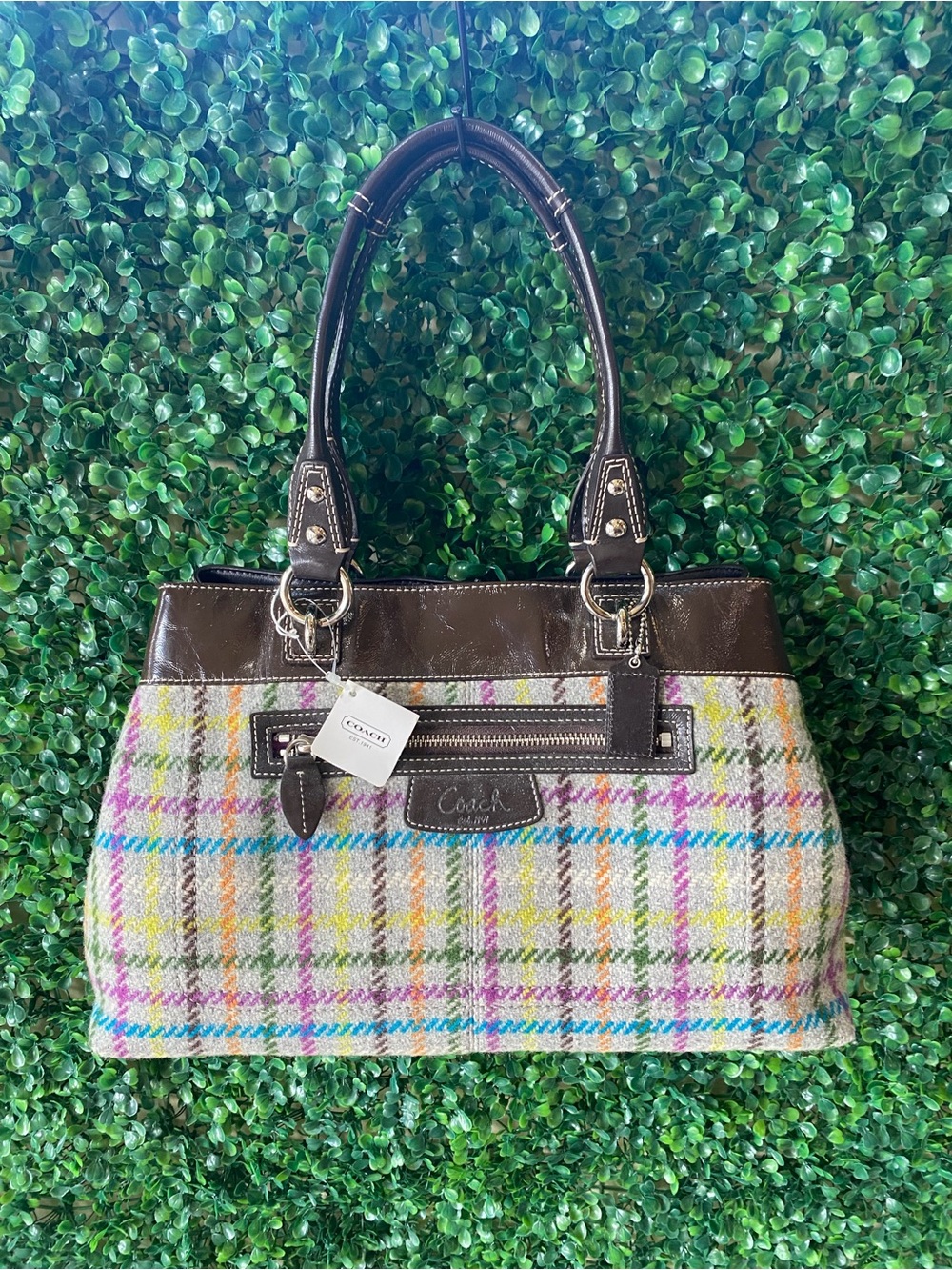 New Coach Penelope Tattersall Multicolor Plaid Wool Tote with Brown Leather Trim